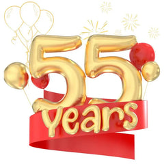 Vibrant golden and red balloons celebrating 55th birthday milestone, perfect for festive party decorations