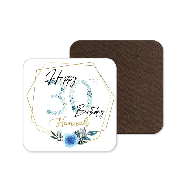 Custom 30th Birthday Coaster - Blue Flower Design - TISATI