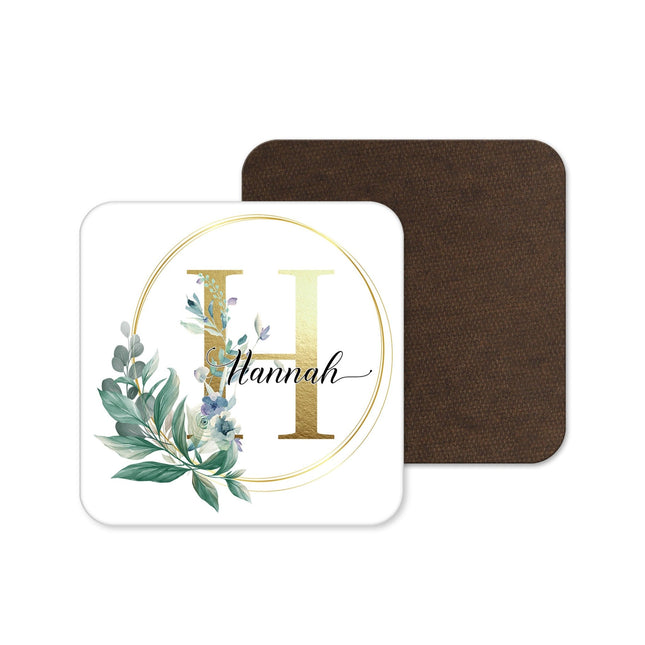 Custom Name Coaster - Greenery and Gold Initial - TISATI