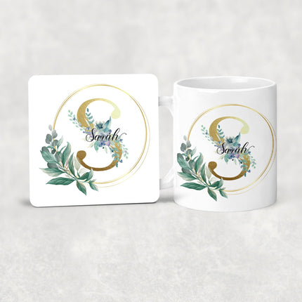 Custom Name Coaster - Greenery and Gold Initial - TISATI