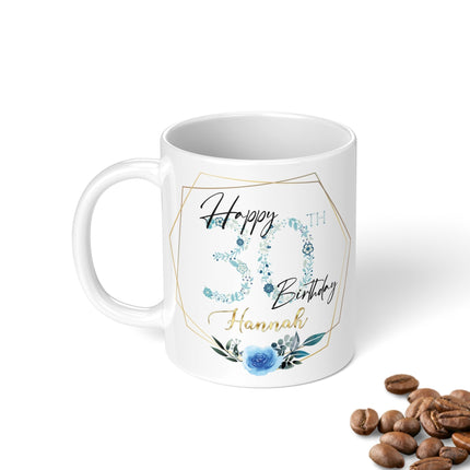 Personalised 30th Birthday Mug Blue Flower Design - TISATI