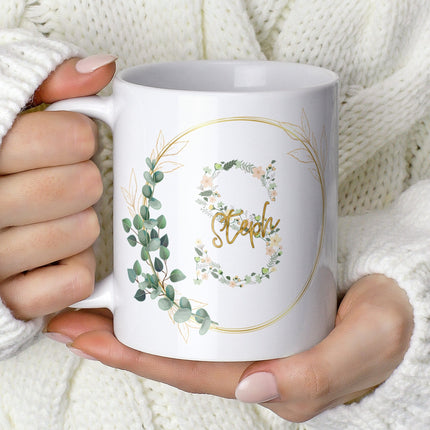 Personalised Mug Floral Wreath - Initial and Name - TISATI