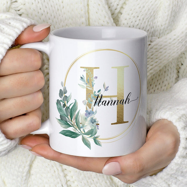 Personalised Name Mug - Greenery and Gold Initial - TISATI